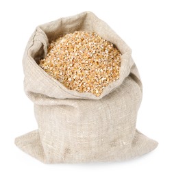 Photo of Dry wheat groats in burlap sack isolated on white