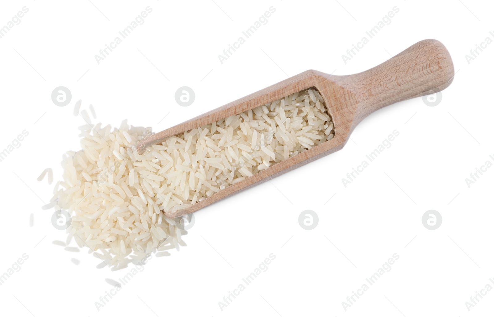 Photo of Scoop with raw rice isolated on white, top view