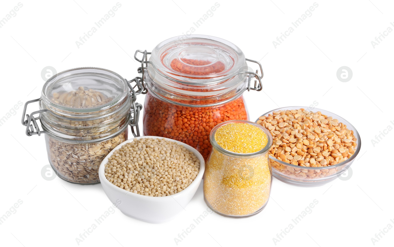 Photo of Different types of cereals and legumes isolated on white