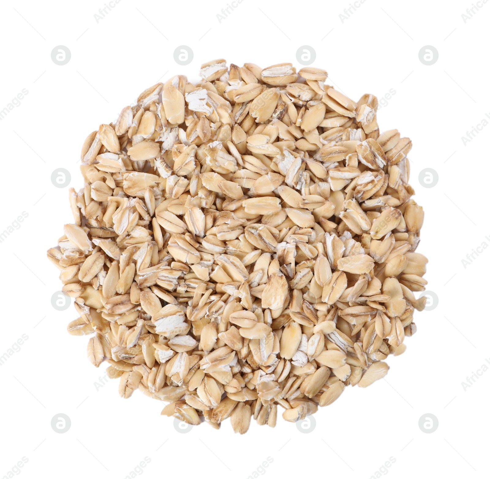 Photo of Oat flakes isolated on white, top view