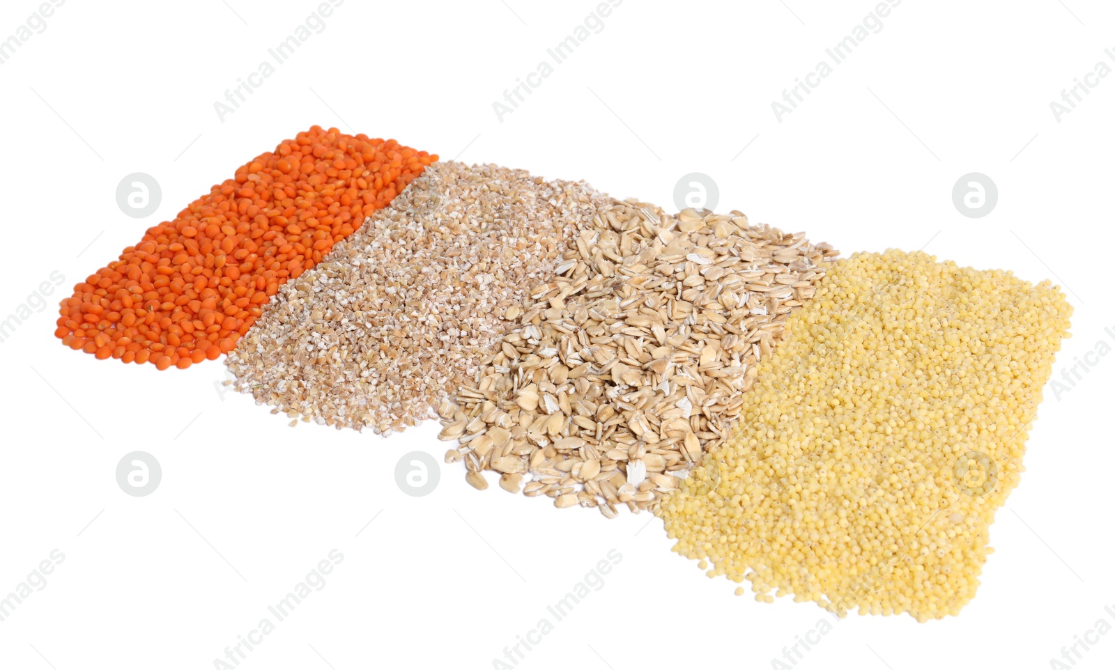 Photo of Piles of different cereals and lentils isolated on white