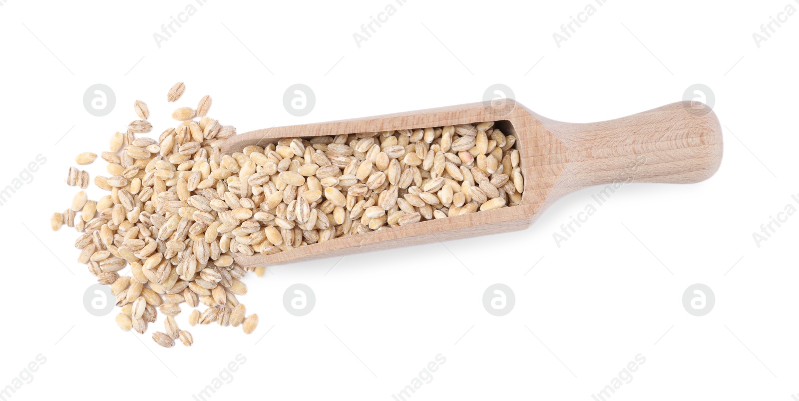 Photo of Scoop with pearl barley groats isolated on white, top view