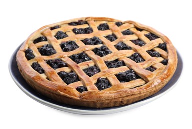 Photo of Tasty homemade pie with blueberries isolated on white