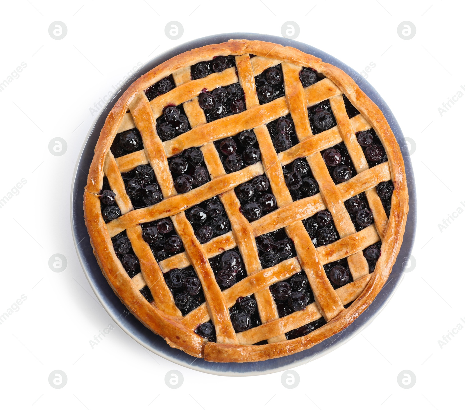 Photo of Tasty homemade pie with blueberries isolated on white, top view