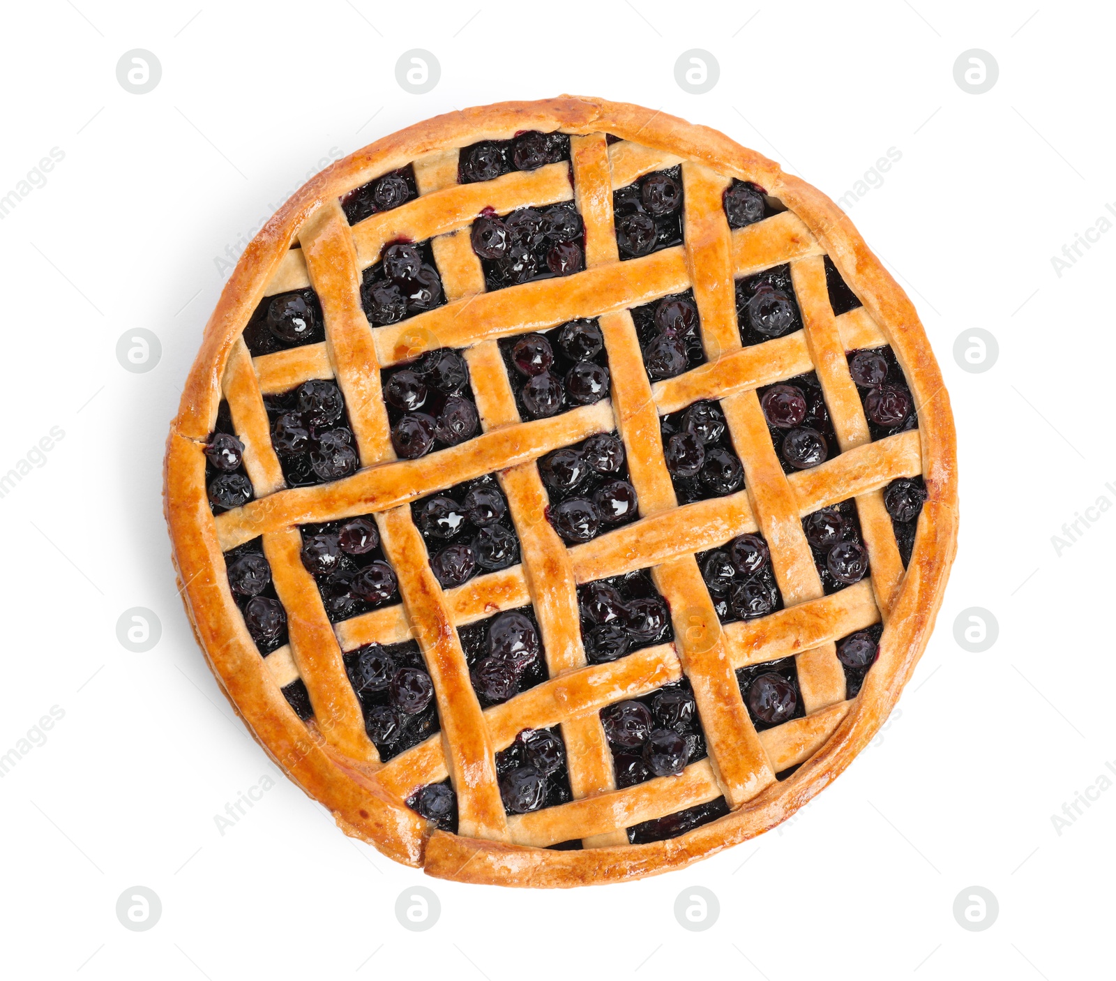 Photo of Tasty homemade pie with blueberries isolated on white, top view