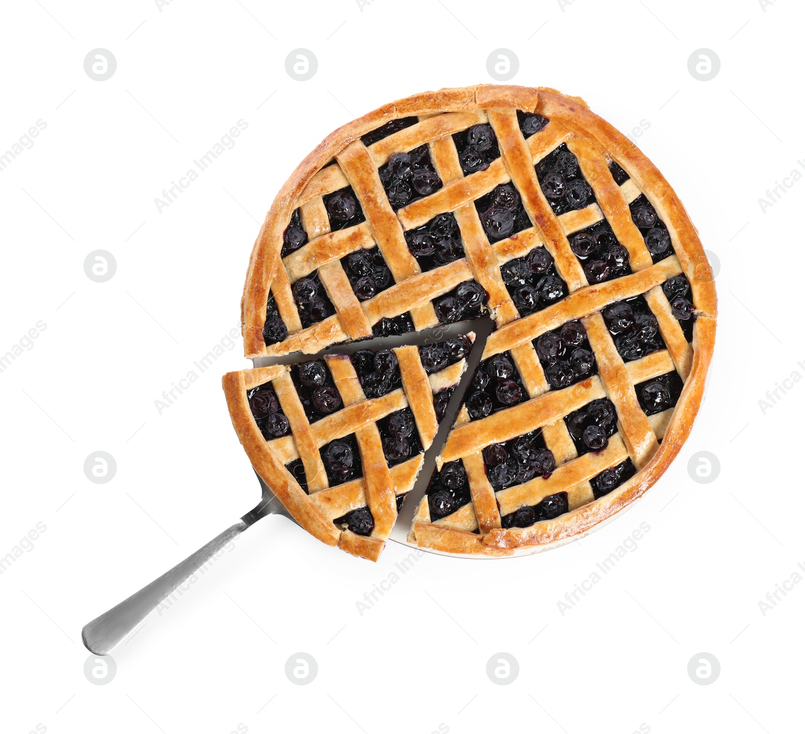 Photo of Taking piece of delicious homemade blueberry pie with server isolated on white, top view