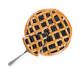 Photo of Taking piece of delicious homemade blueberry pie with server isolated on white, top view