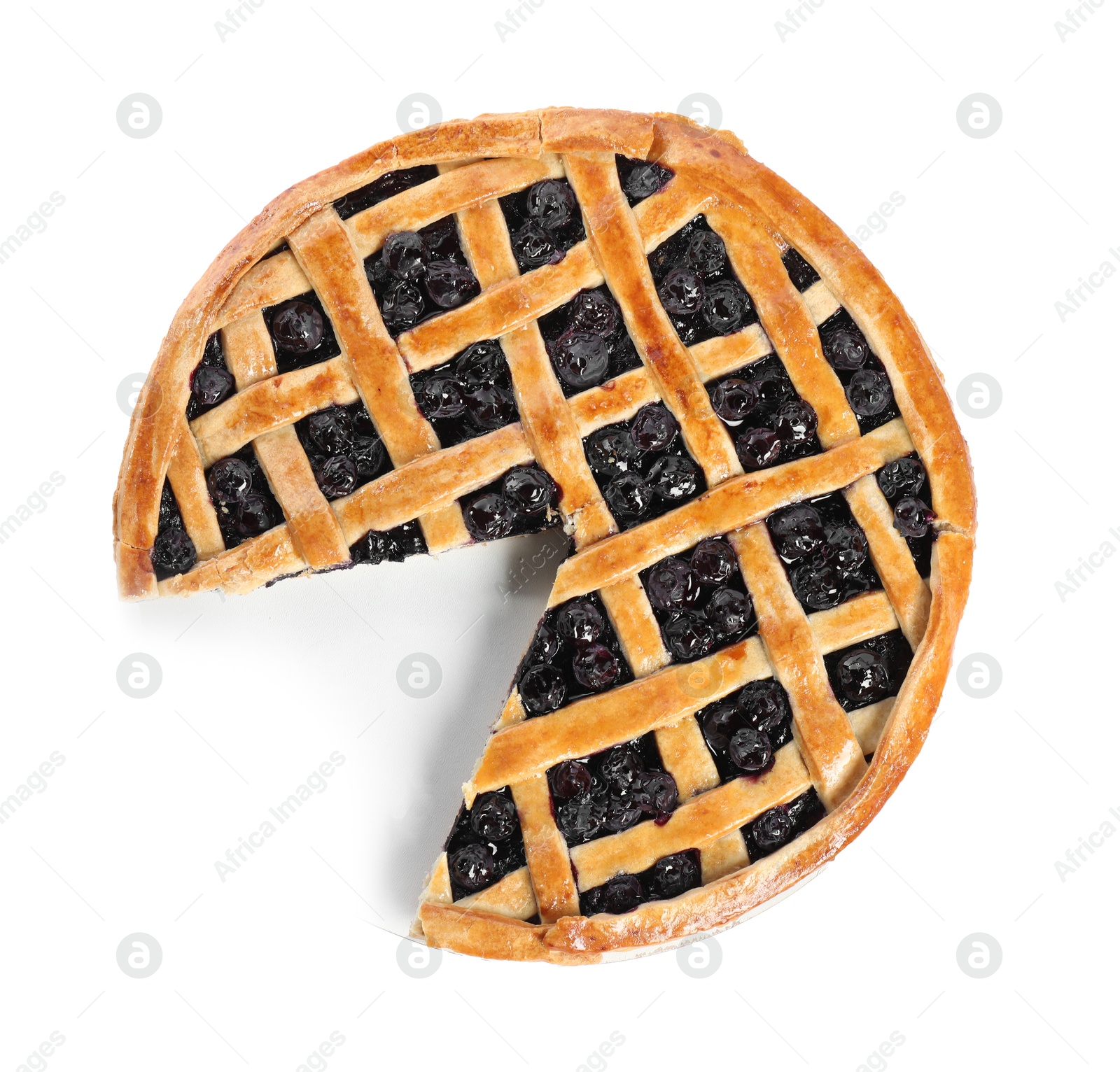 Photo of Delicious homemade pie isolated on white, top view