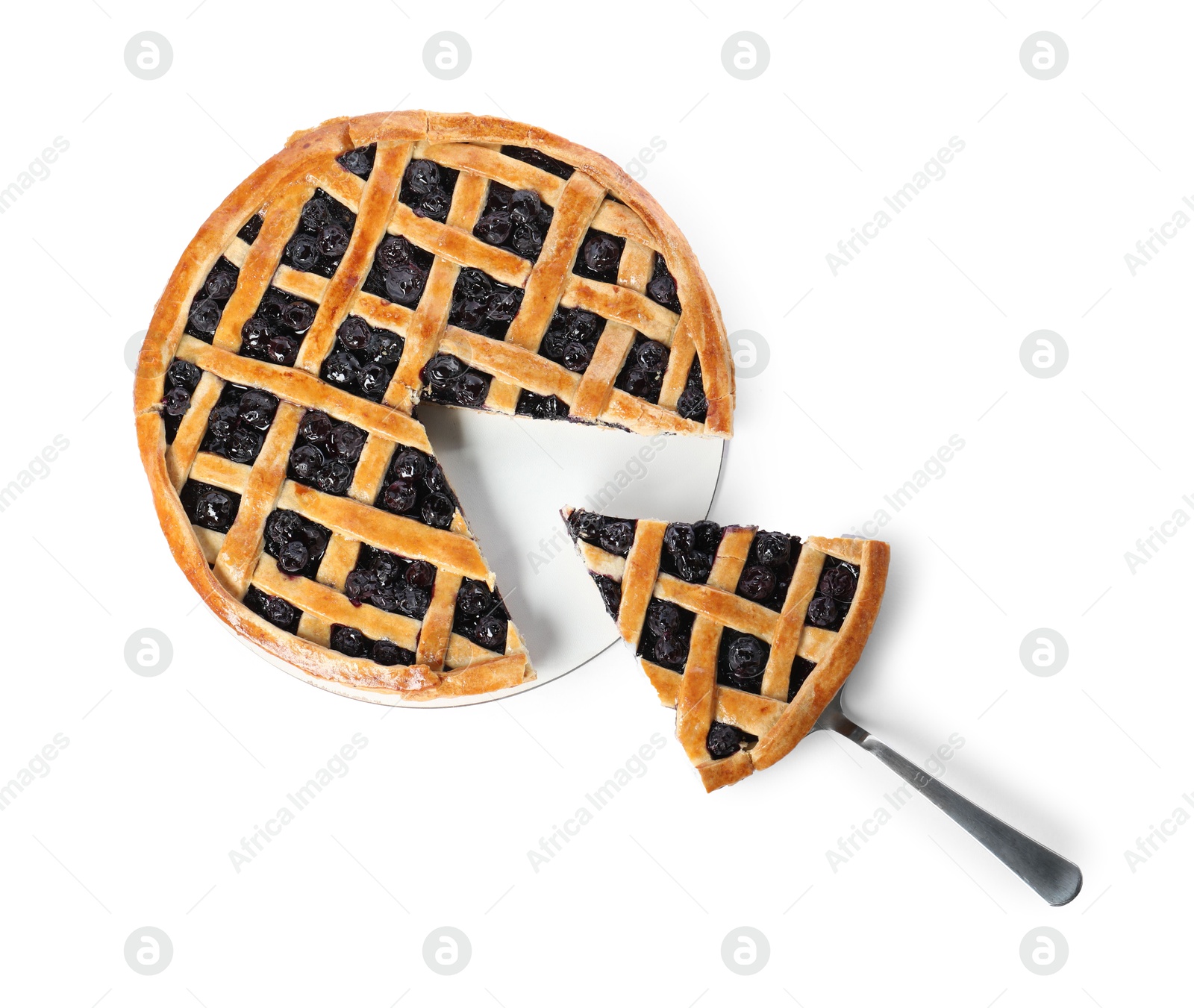 Photo of Taking piece of delicious homemade blueberry pie with server isolated on white, top view