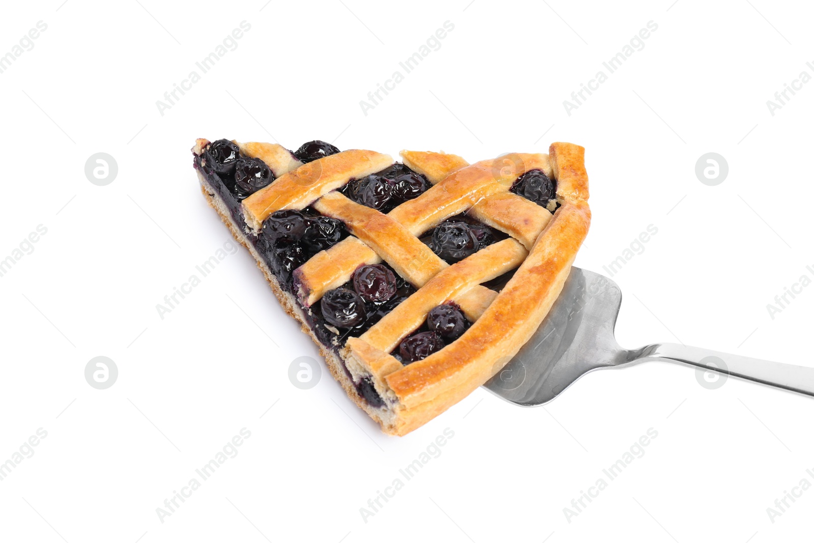 Photo of Piece of tasty homemade blueberry pie and server isolated on white