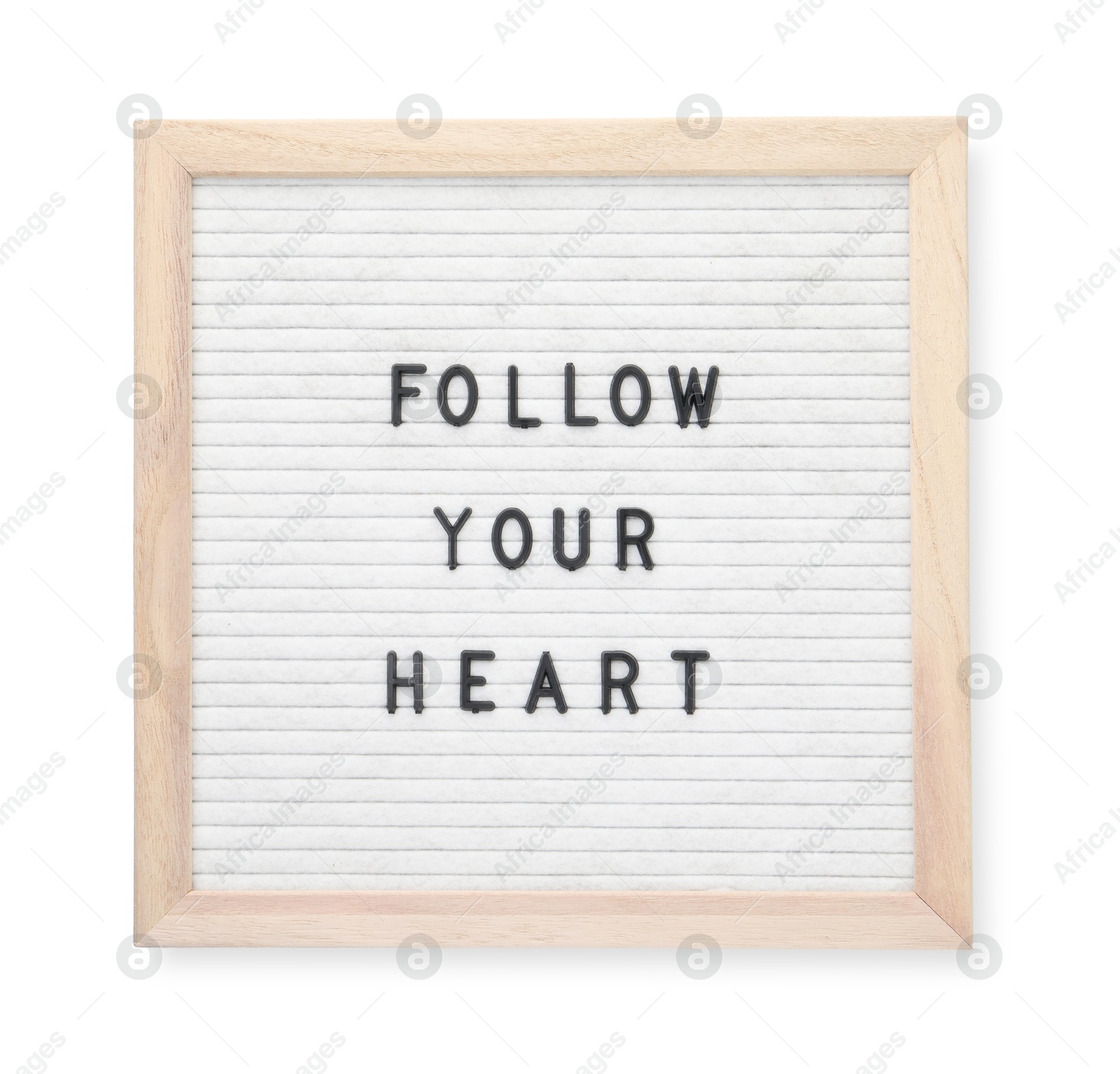 Photo of Letter board with phrase Follow your heart on white background, top view