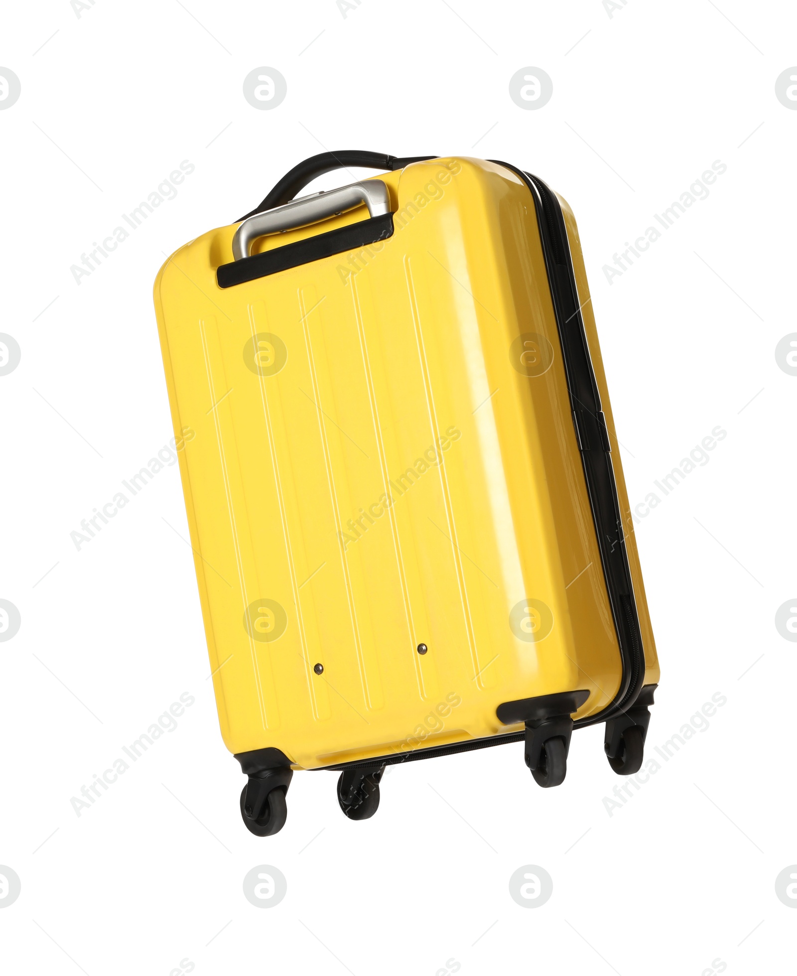 Photo of One new yellow suitcase isolated on white