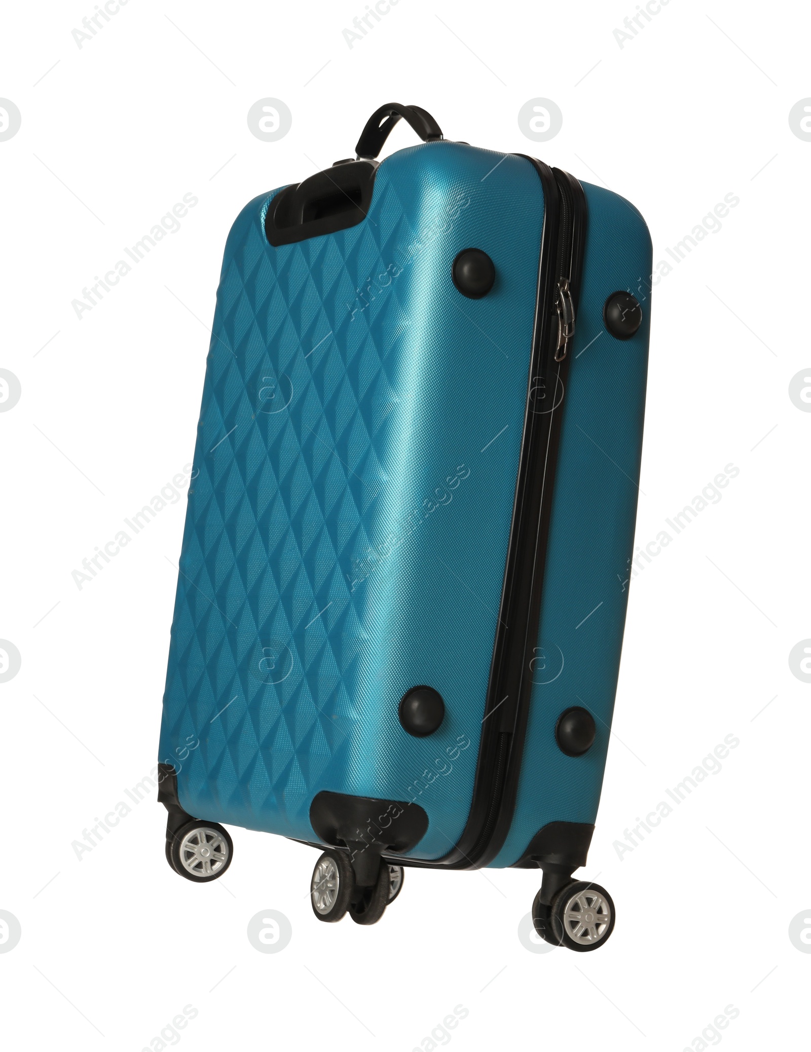 Photo of One light blue suitcase isolated on white