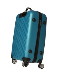 Photo of One light blue suitcase isolated on white