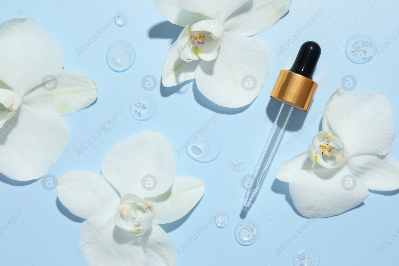 Photo of Beautiful orchid flowers and dropper with cosmetic product in water on light blue background, flat lay