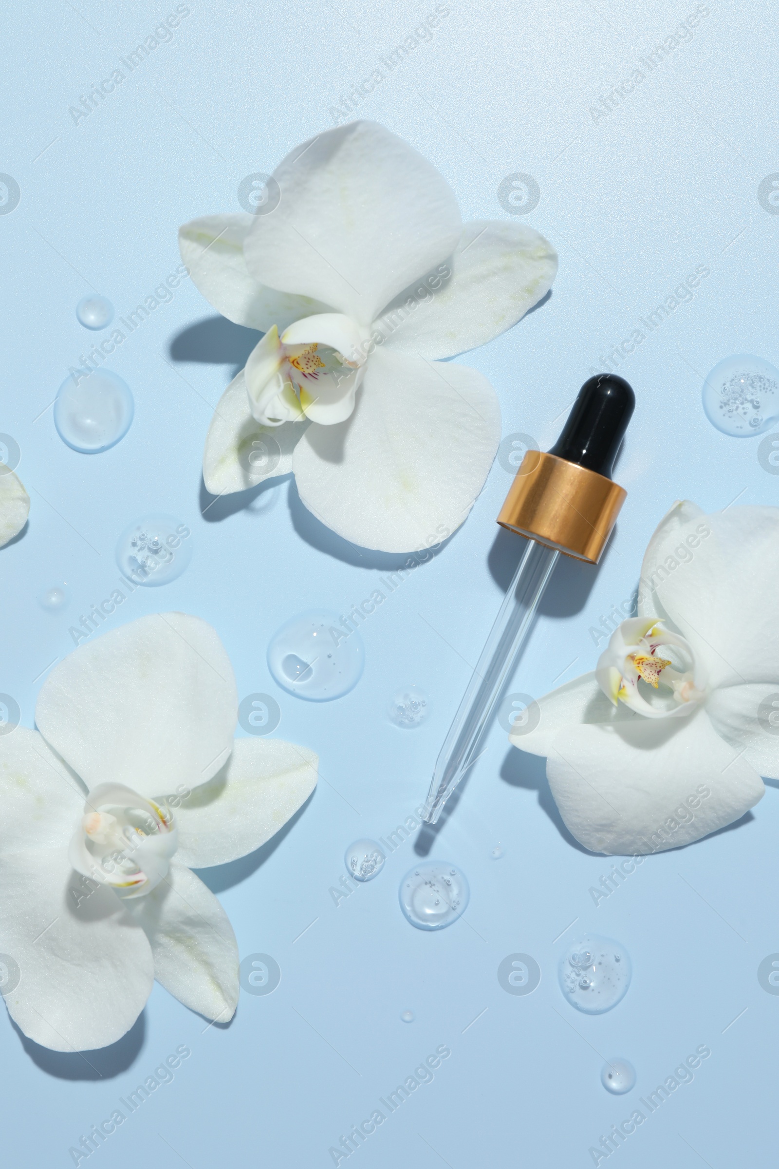 Photo of Beautiful orchid flowers and dropper with cosmetic product in water on light blue background, flat lay