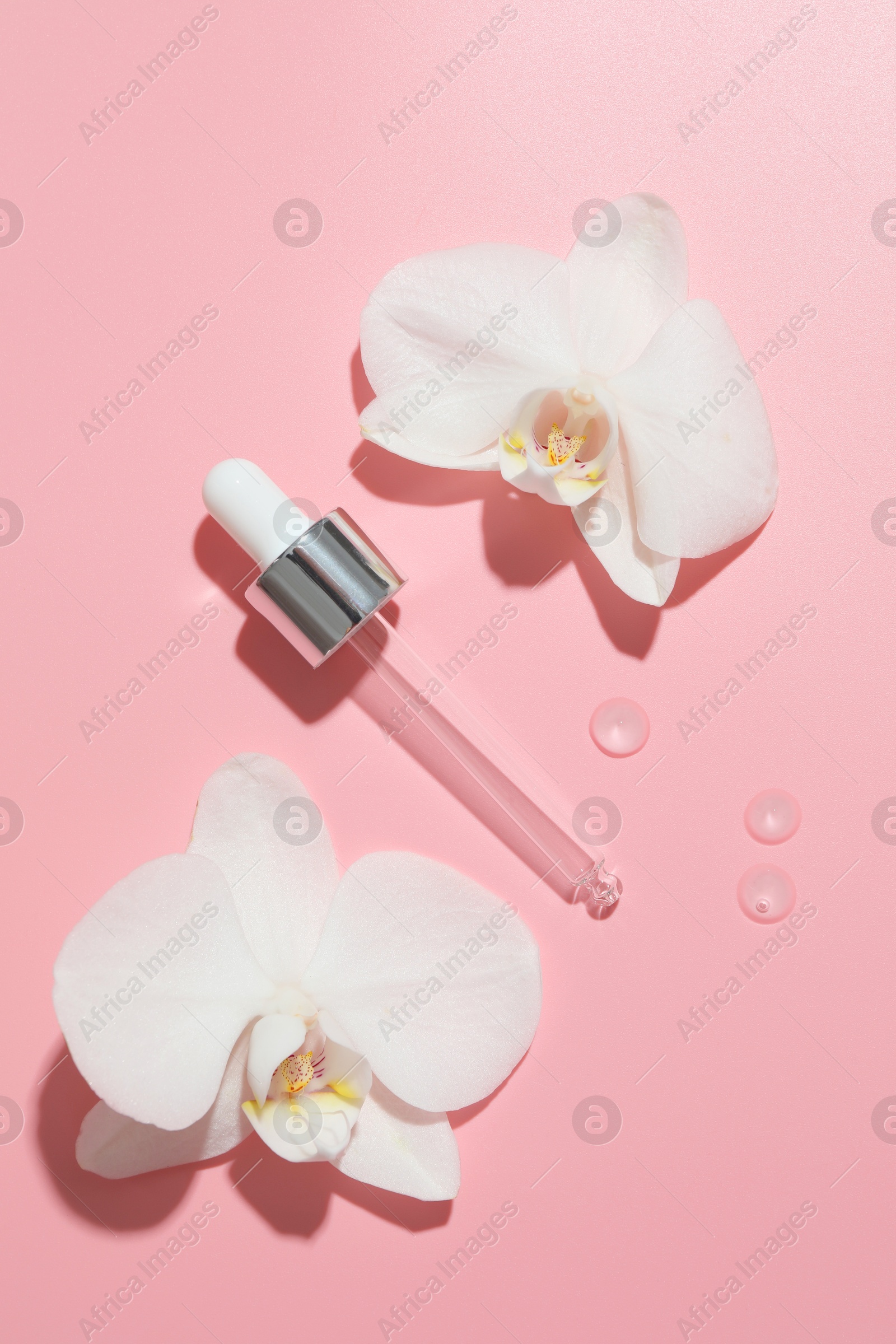 Photo of Beautiful orchid flowers and dropper with cosmetic product in water on pink background, flat lay