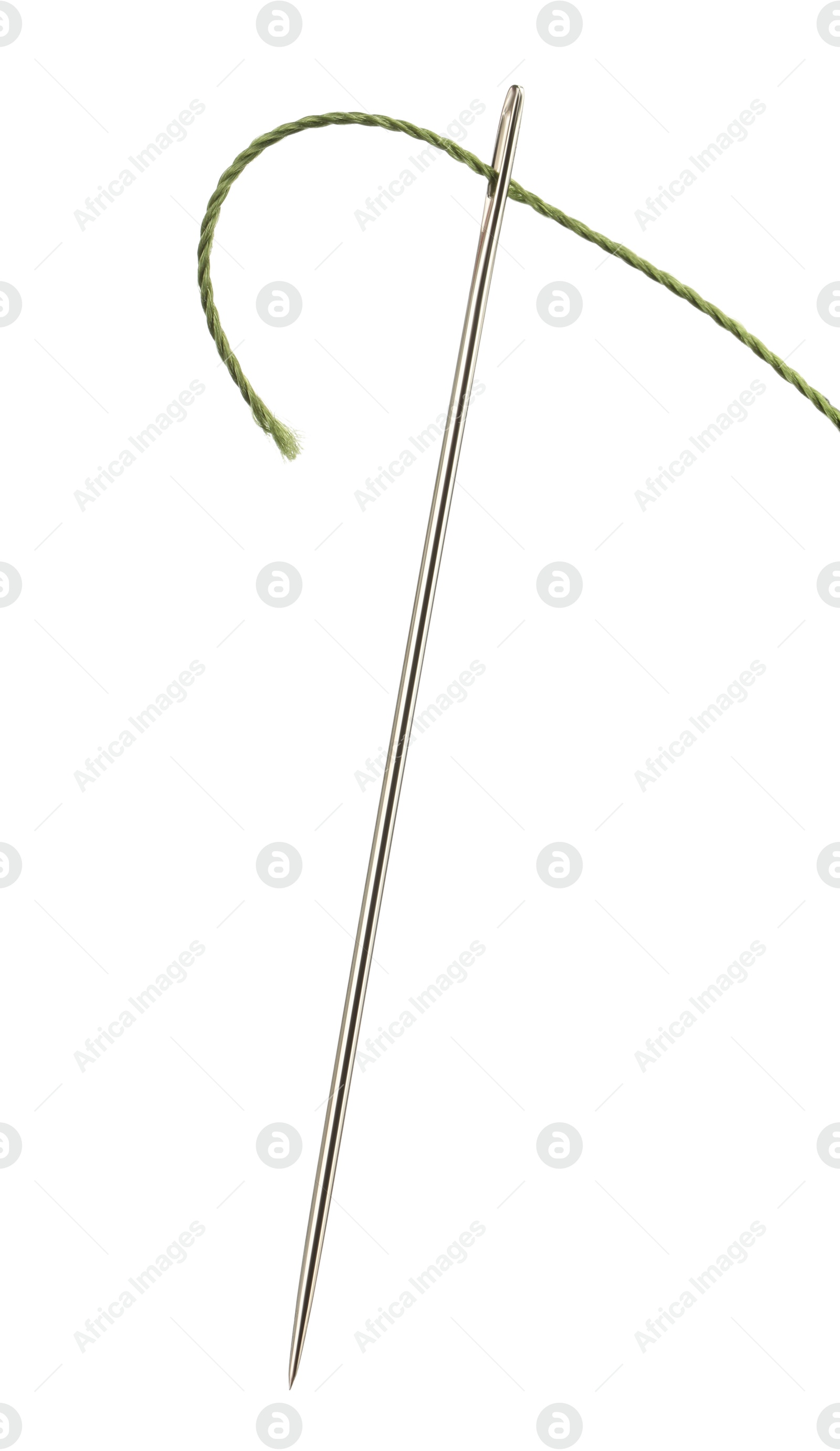 Photo of Sewing needle with green thread isolated on white