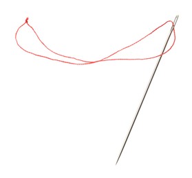 Photo of Sewing needle with red thread isolated on white