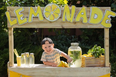 Photo of Cute little boy at lemonade stand in park