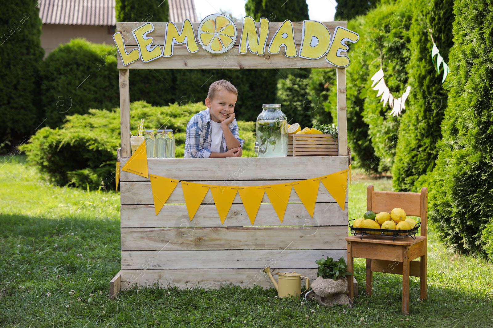 Photo of Cute little boy at lemonade stand in park