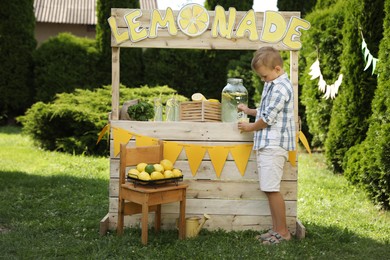 Cute boy pouring refreshing lemonade into paper cup in park