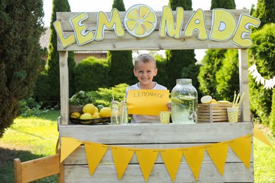 Photo of Little boy holding price tag at lemonade stand in park