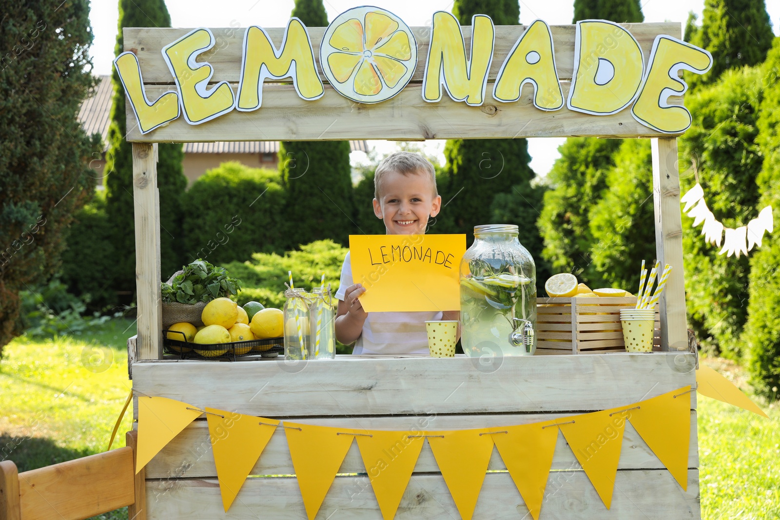 Photo of Little boy holding price tag at lemonade stand in park