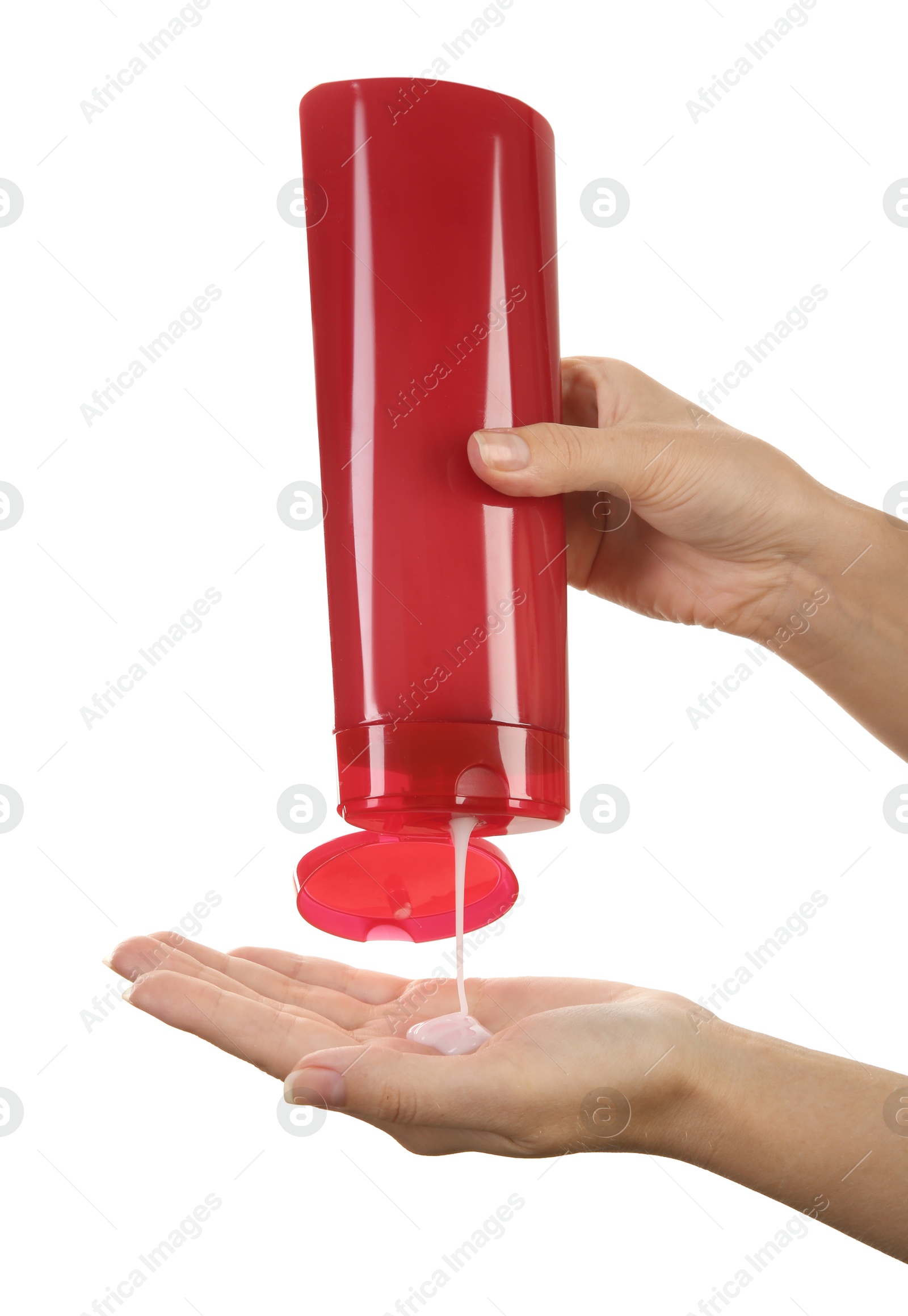 Photo of Woman pouring shampoo onto hand on white background, closeup