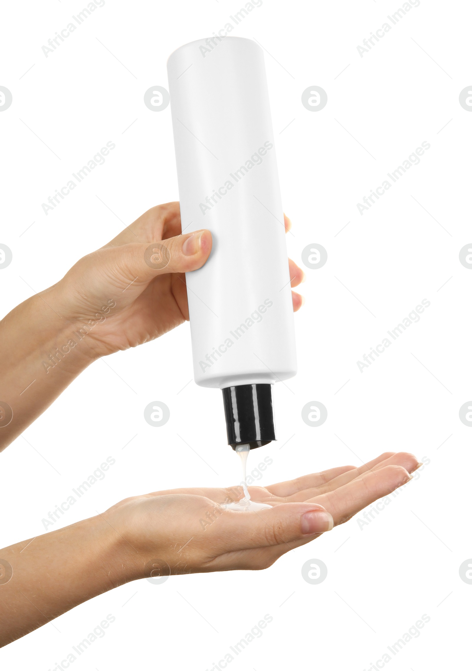 Photo of Woman pouring shampoo onto hand on white background, closeup