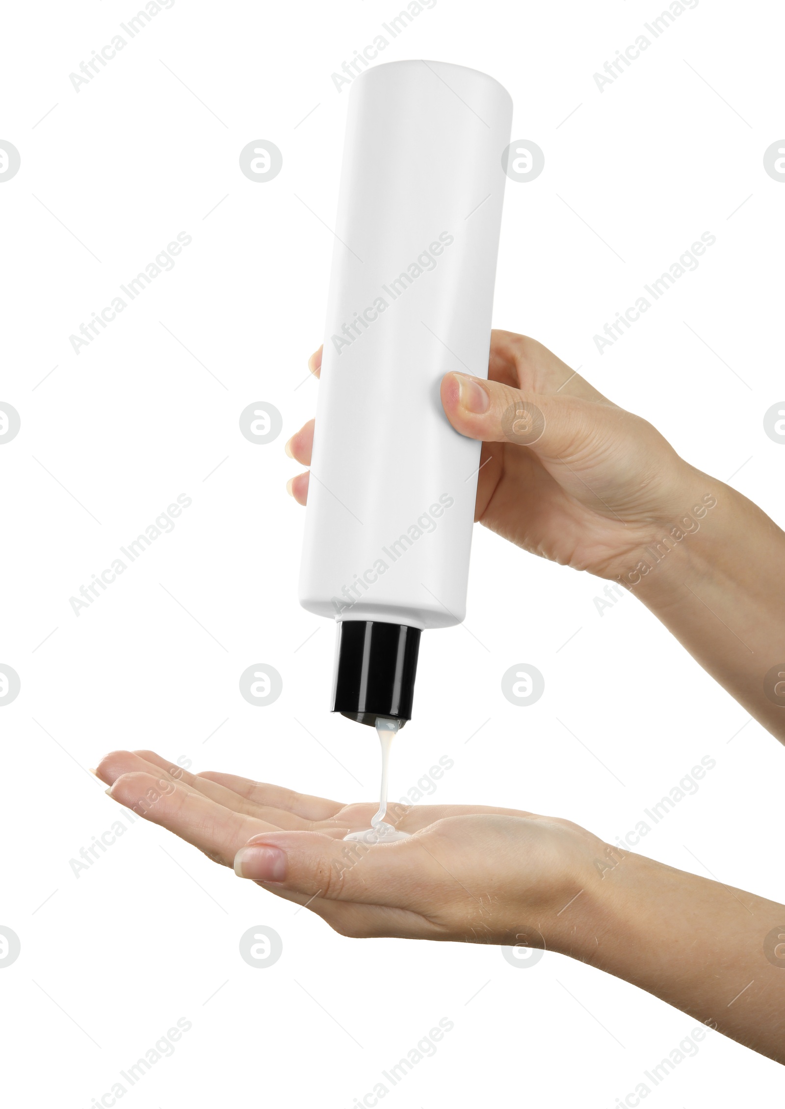 Photo of Woman pouring shampoo onto hand on white background, closeup