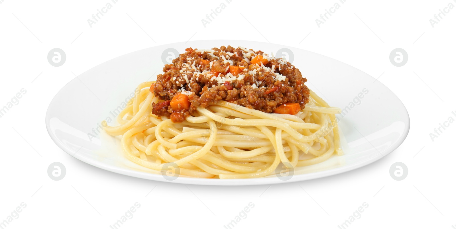 Photo of Plate with tasty pasta bolognese isolated on white