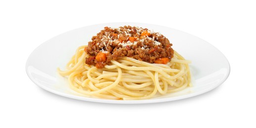 Photo of Plate with tasty pasta bolognese isolated on white