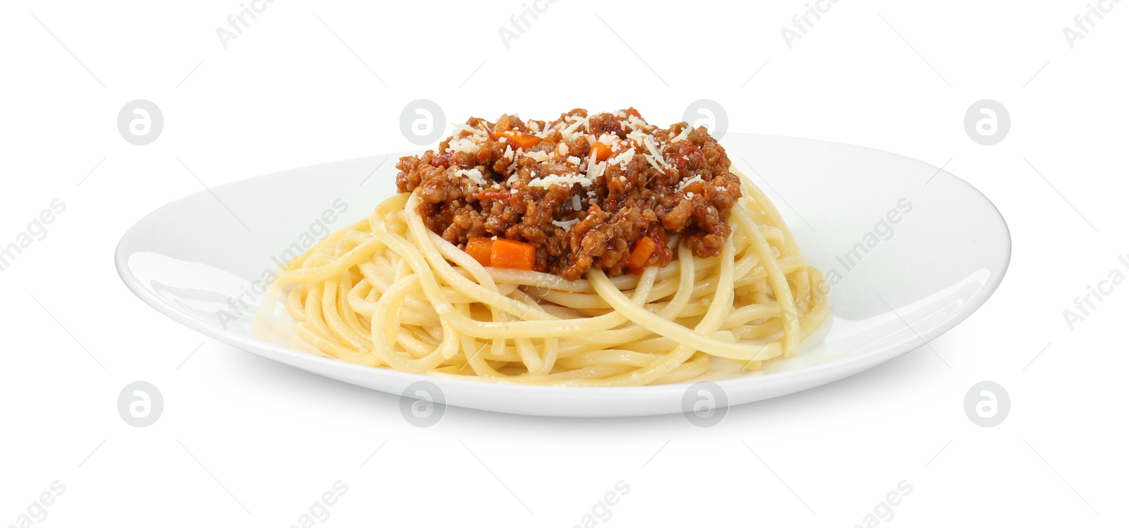 Photo of Plate with tasty pasta bolognese isolated on white