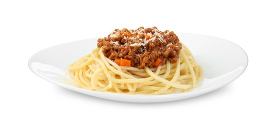 Photo of Plate with tasty pasta bolognese isolated on white