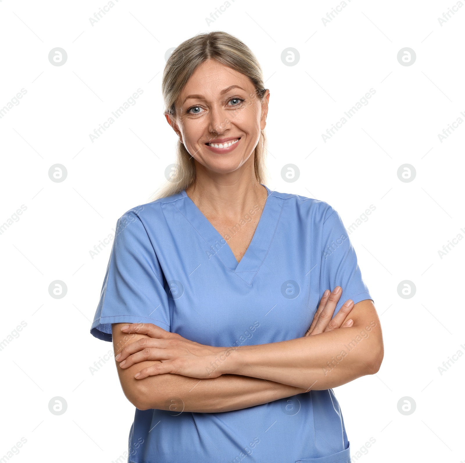 Photo of Portrait of nurse in medical uniform isolated on white