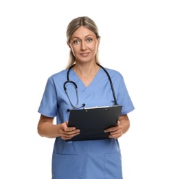 Photo of Doctor in medical uniform with clipboard and stethoscope isolated on white