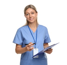 Photo of Nurse in medical uniform with clipboard and badge isolated on white