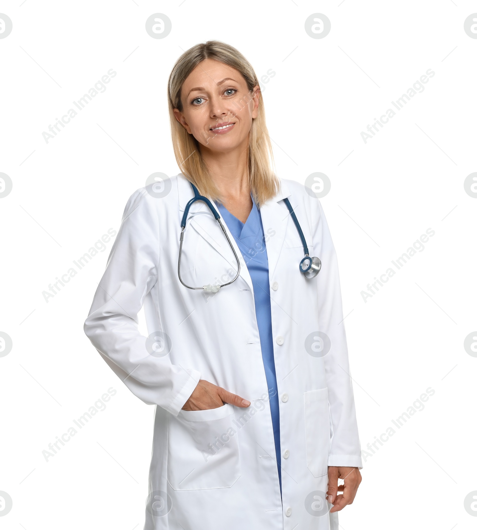 Photo of Portrait of doctor in medical uniform with stethoscope isolated on white