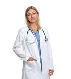 Portrait of doctor in medical uniform with stethoscope isolated on white