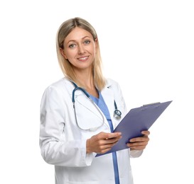 Photo of Portrait of doctor in medical uniform with stethoscope and clipboard isolated on white