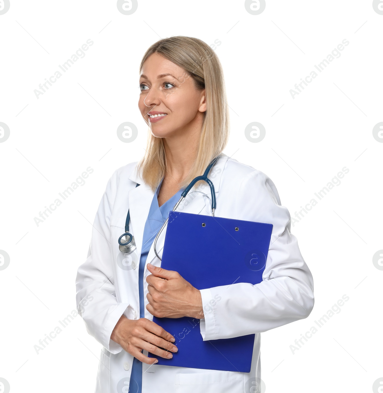 Photo of Portrait of doctor in medical uniform with stethoscope and clipboard isolated on white