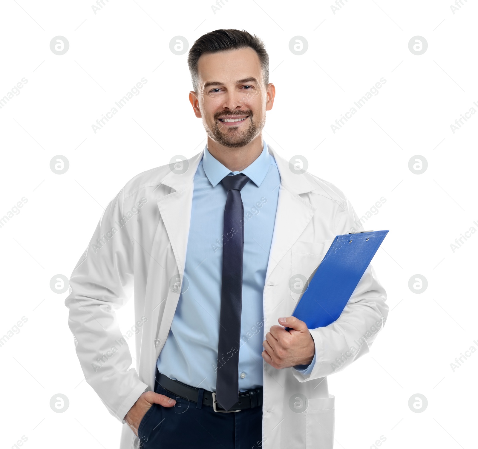 Photo of Smiling doctor with clipboard isolated on white