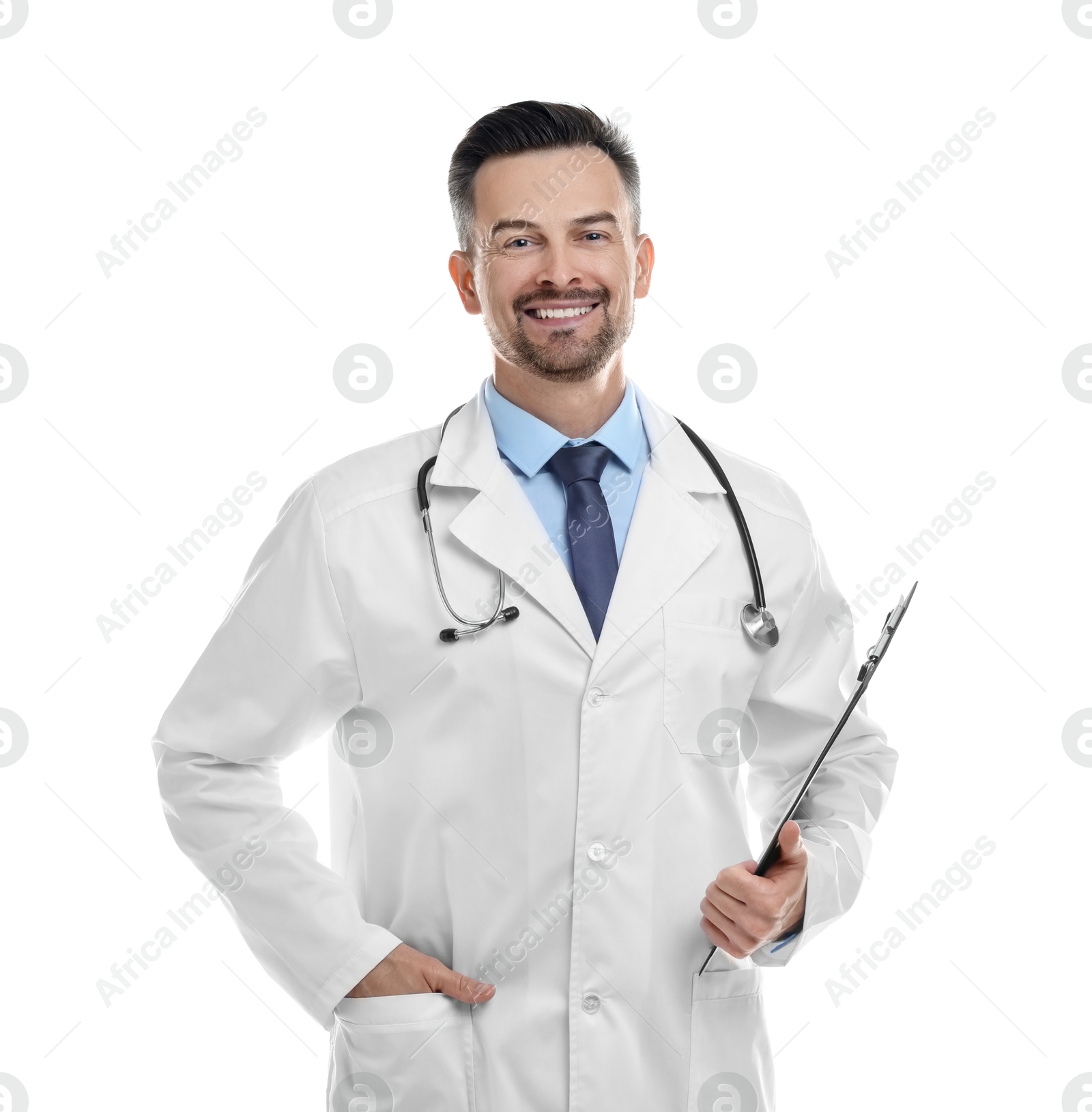 Photo of Smiling doctor with stethoscope and clipboard isolated on white