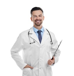 Smiling doctor with stethoscope and clipboard isolated on white