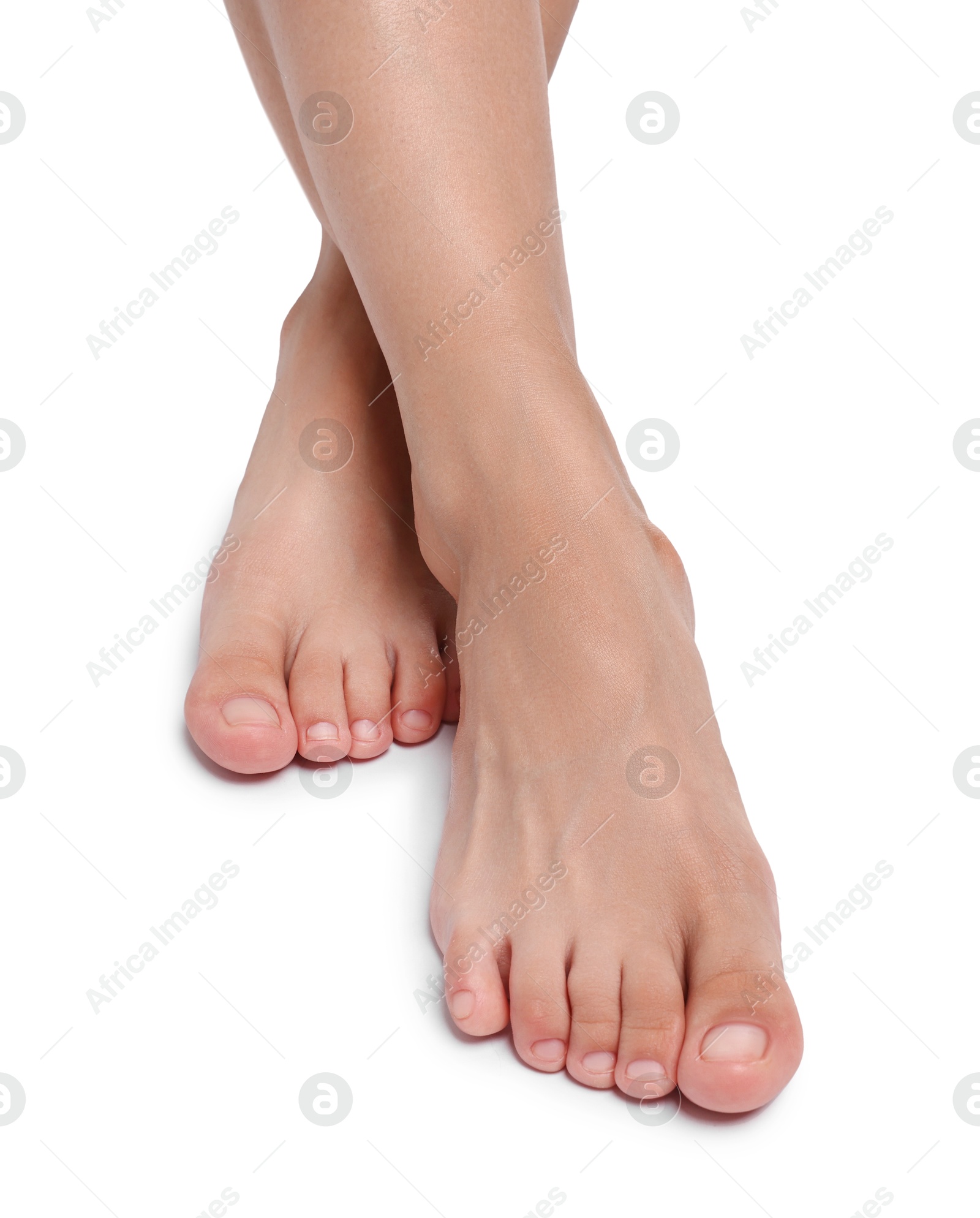 Photo of Woman with smooth feet on white background, closeup