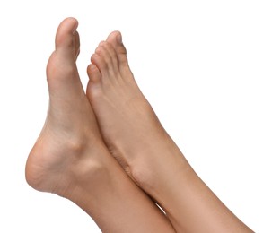 Photo of Woman with smooth feet on white background, closeup