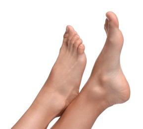 Photo of Woman with smooth feet on white background, closeup