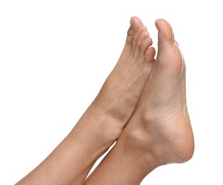 Photo of Woman with smooth feet on white background, closeup