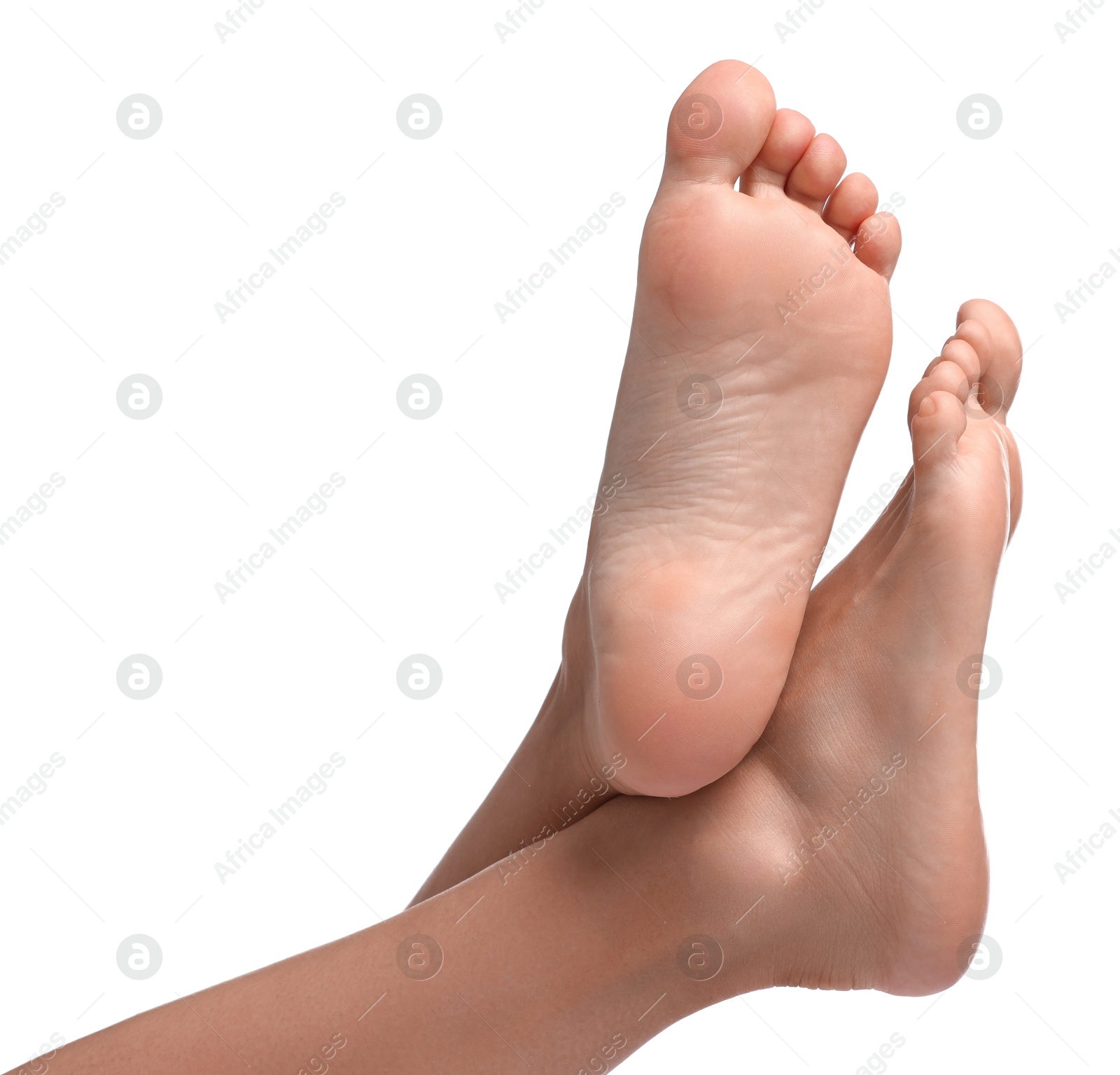 Photo of Woman with smooth feet on white background, closeup